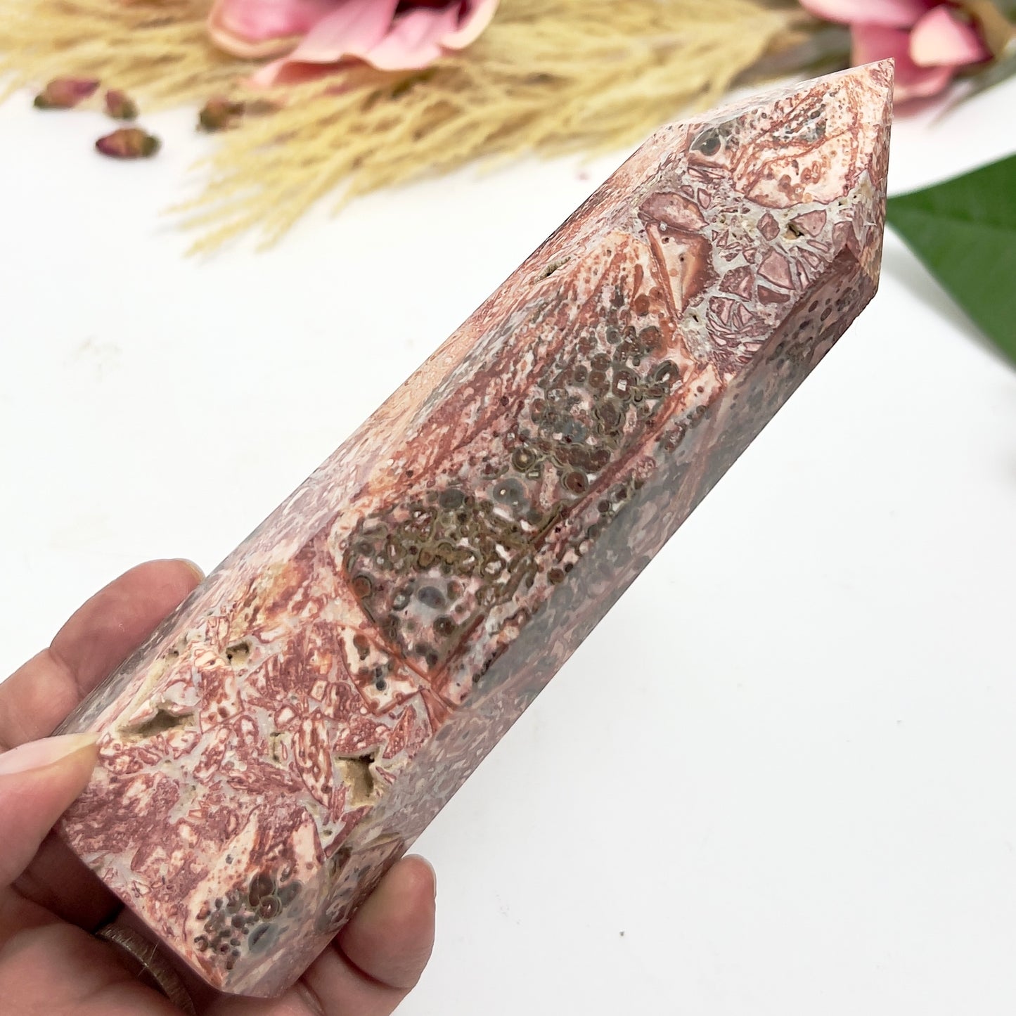 Red Leopardskin Jasper Tower Point Healing Crystal Generators 472g 162mm