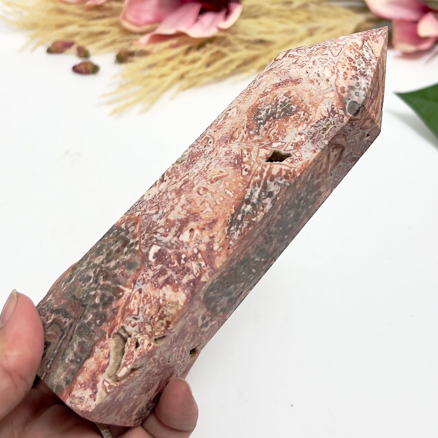 Red Leopardskin Jasper Tower Point Healing Crystal Generators 472g 162mm