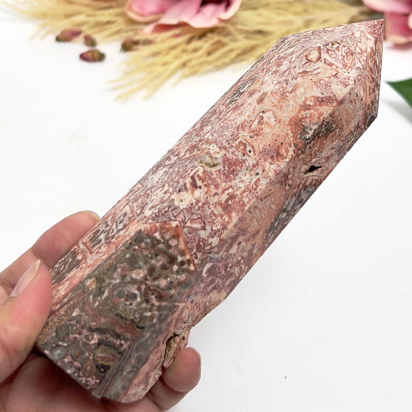 Red Leopardskin Jasper Tower Point Healing Crystal Generators 472g 162mm