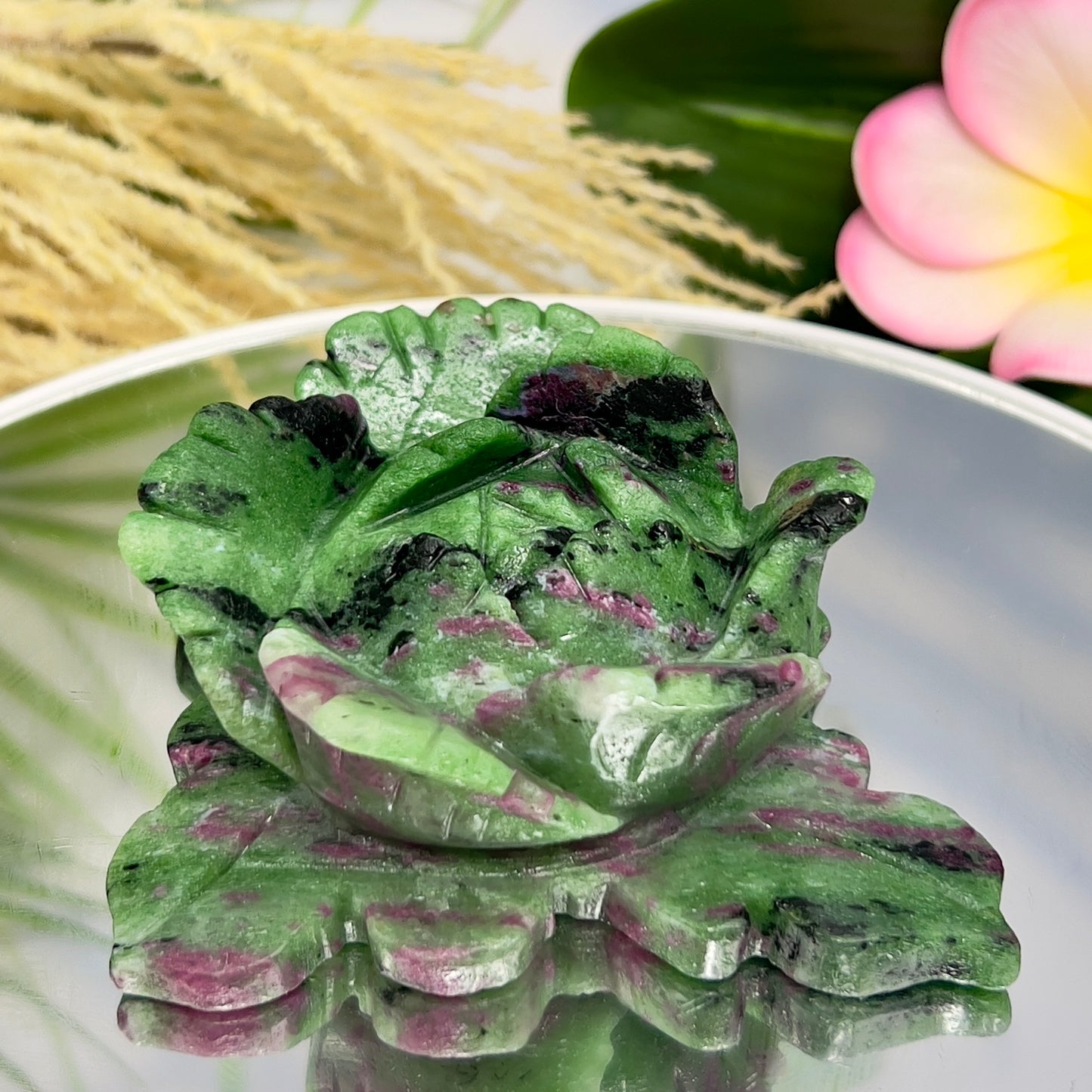 Ruby in Zoisite Lotus Flower UV Reactive Healing Crystal Carving 430g