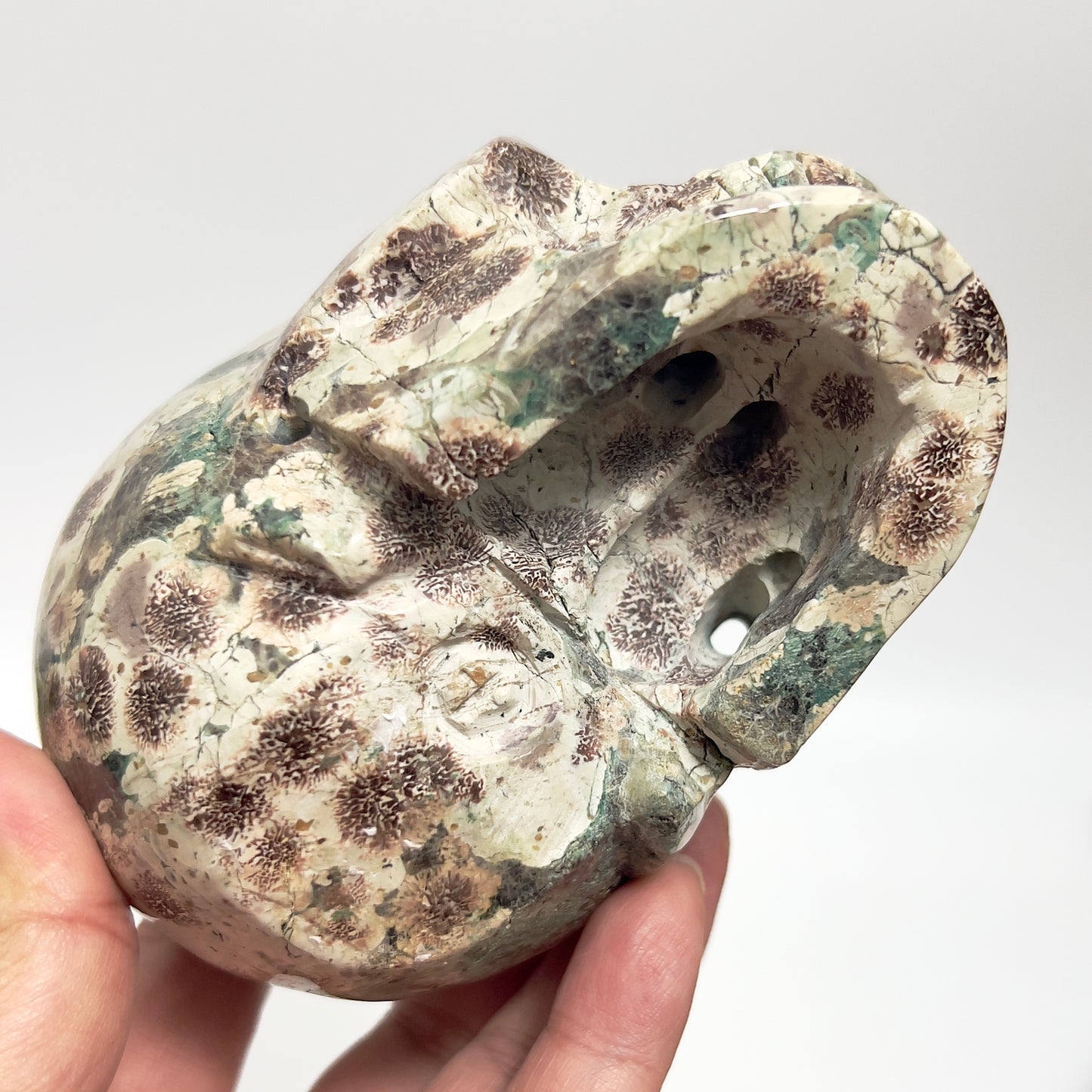 Russian Flower Cherry Blossom Jasper Hollow Jaw Skull Healing Crystal Carving 954g