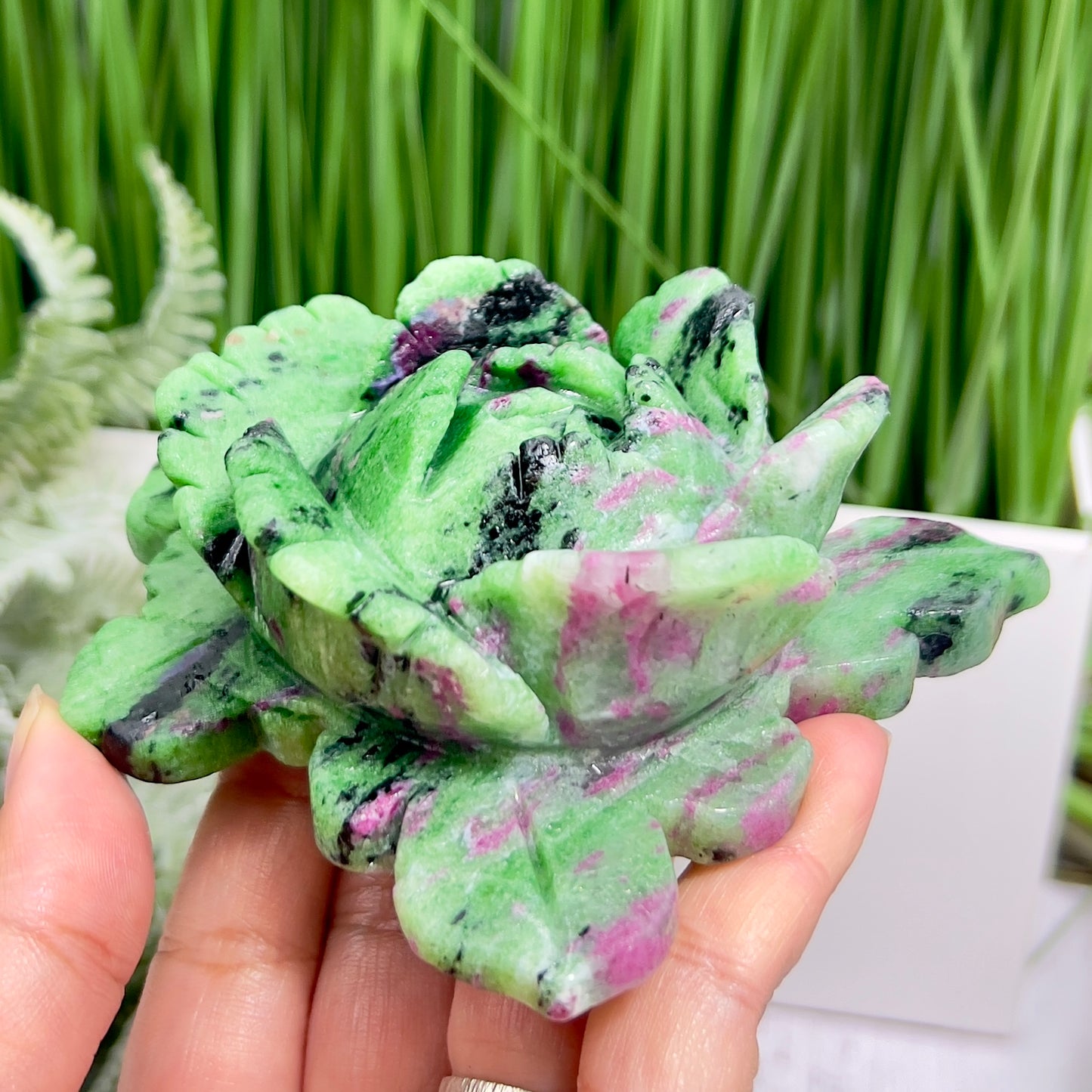 Ruby in Zoisite Lotus Flower UV Reactive Healing Crystal Carving 430g