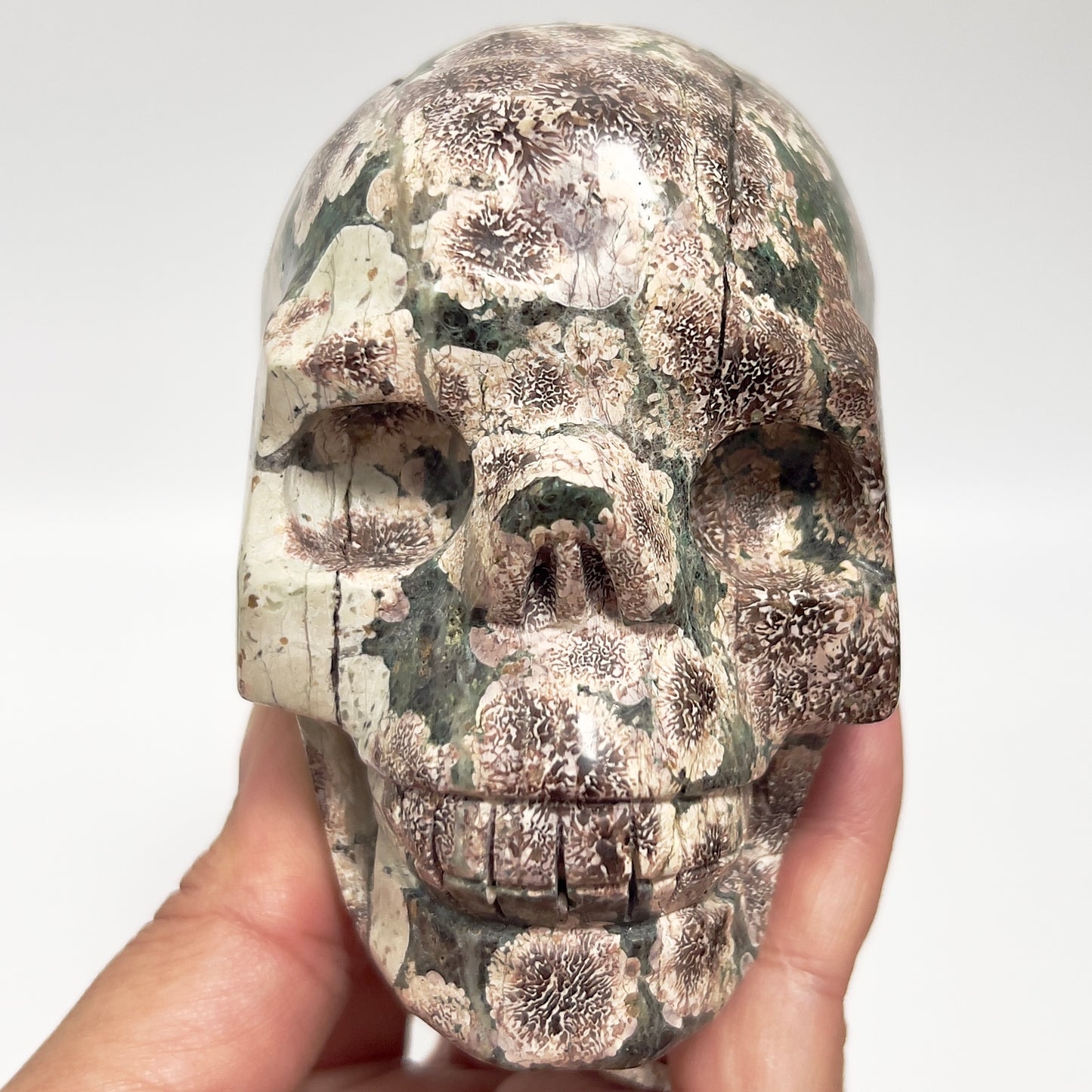 Russian Flower Cherry Blossom Jasper Skull Healing Crystal Carving 764g