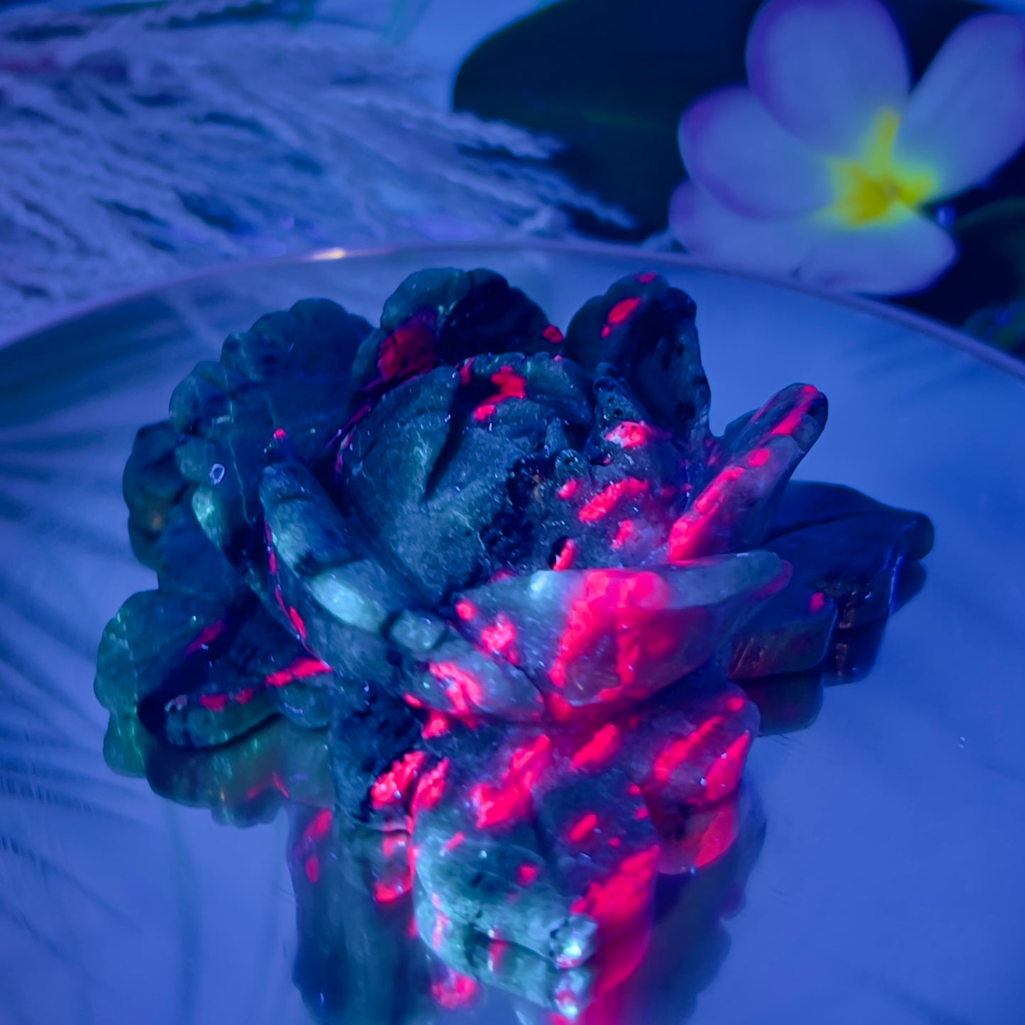 Ruby in Zoisite Lotus Flower UV Reactive Healing Crystal Carving 430g