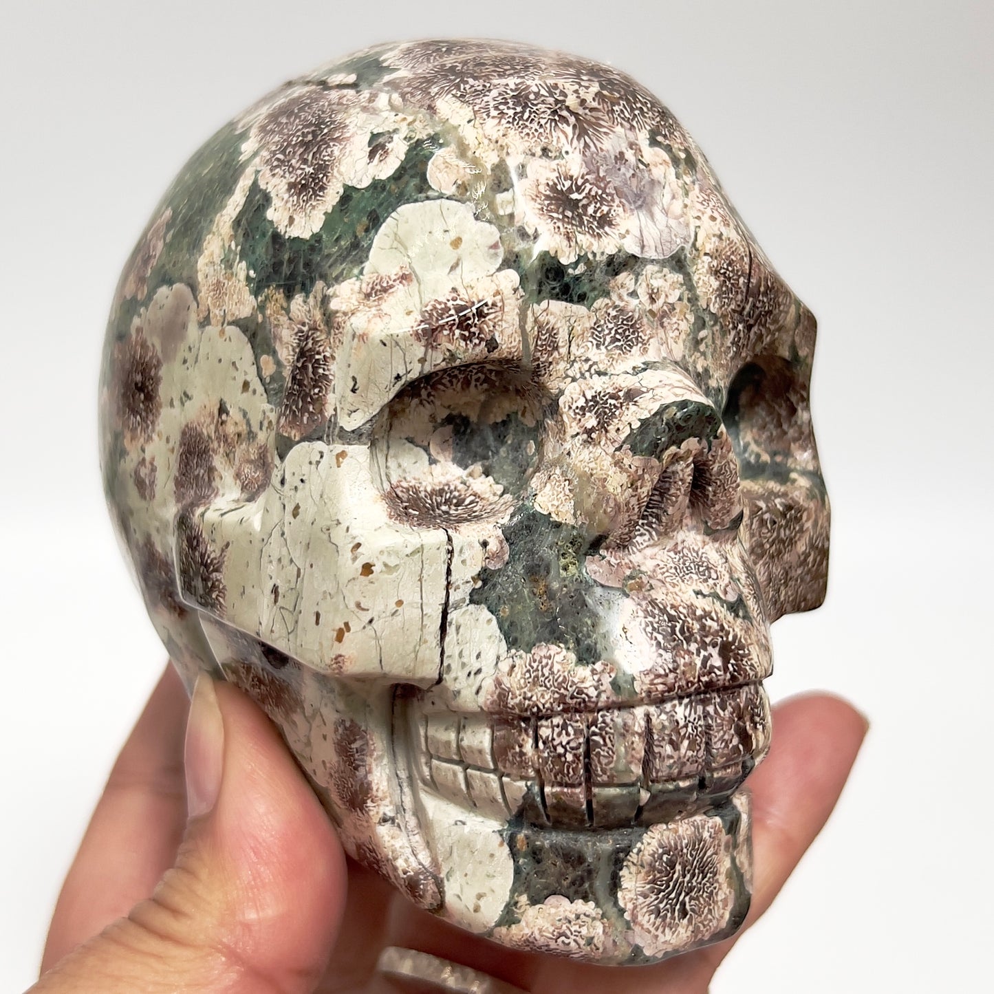 Russian Flower Cherry Blossom Jasper Skull Healing Crystal Carving 764g