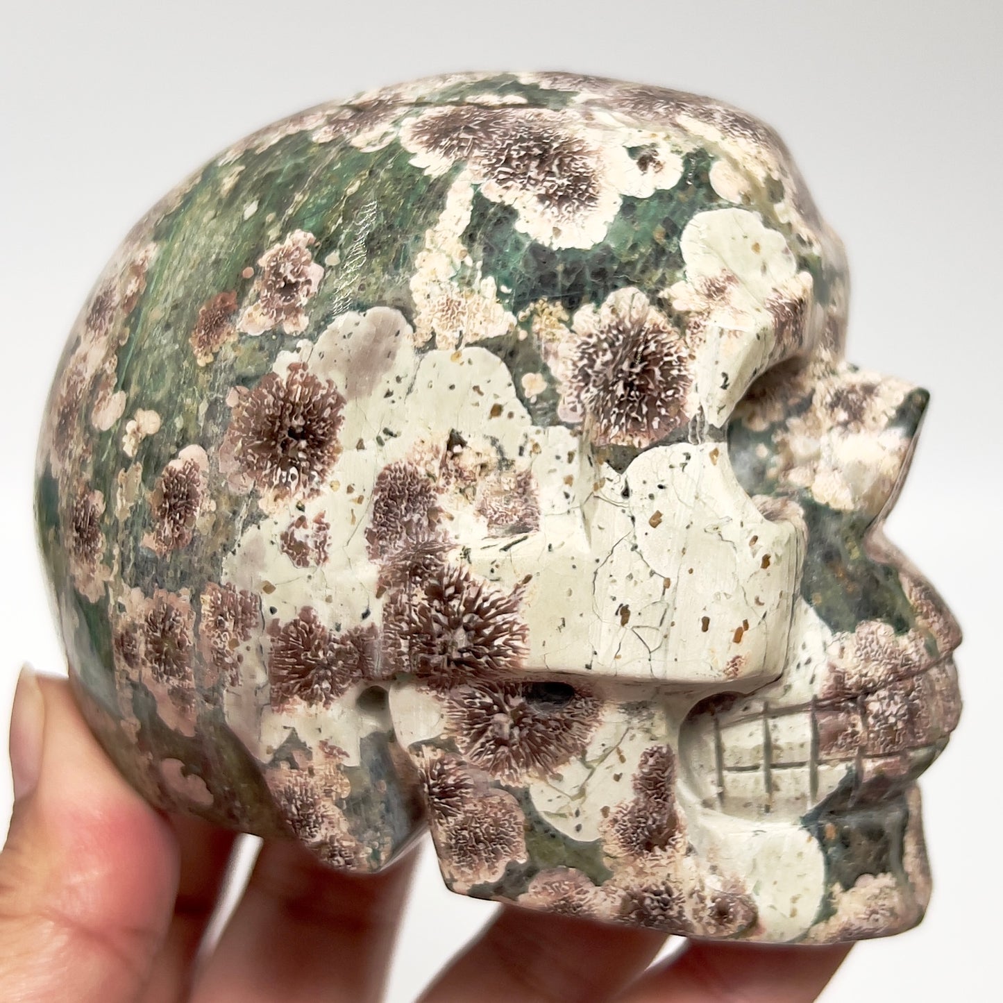 Russian Flower Cherry Blossom Jasper Skull Healing Crystal Carving 764g