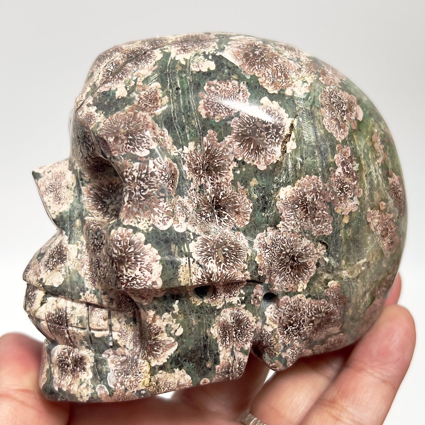 Russian Flower Cherry Blossom Jasper Skull Healing Crystal Carving 764g