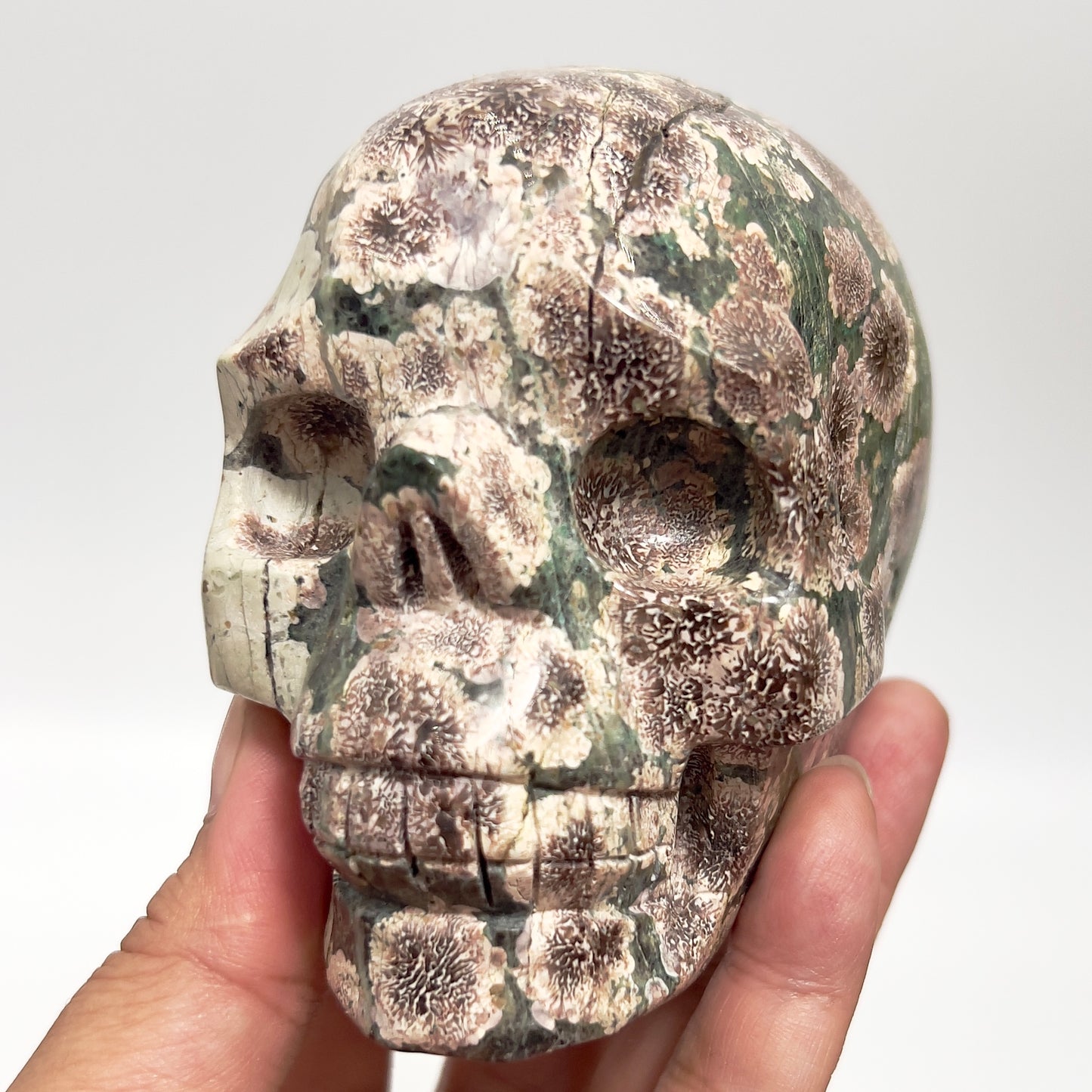 Russian Flower Cherry Blossom Jasper Skull Healing Crystal Carving 764g