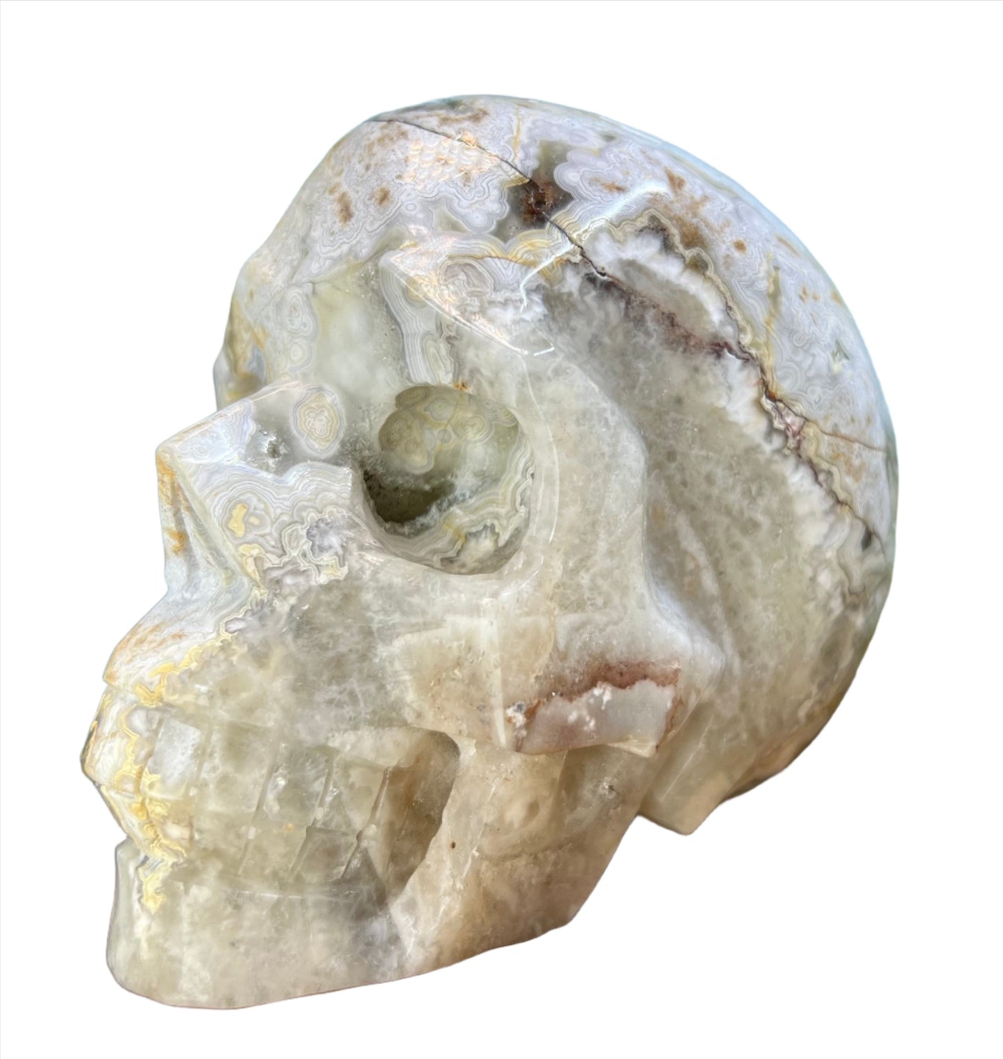 White Mexican Crazy Lace Agate Skull Crystal Skull Carving 974g