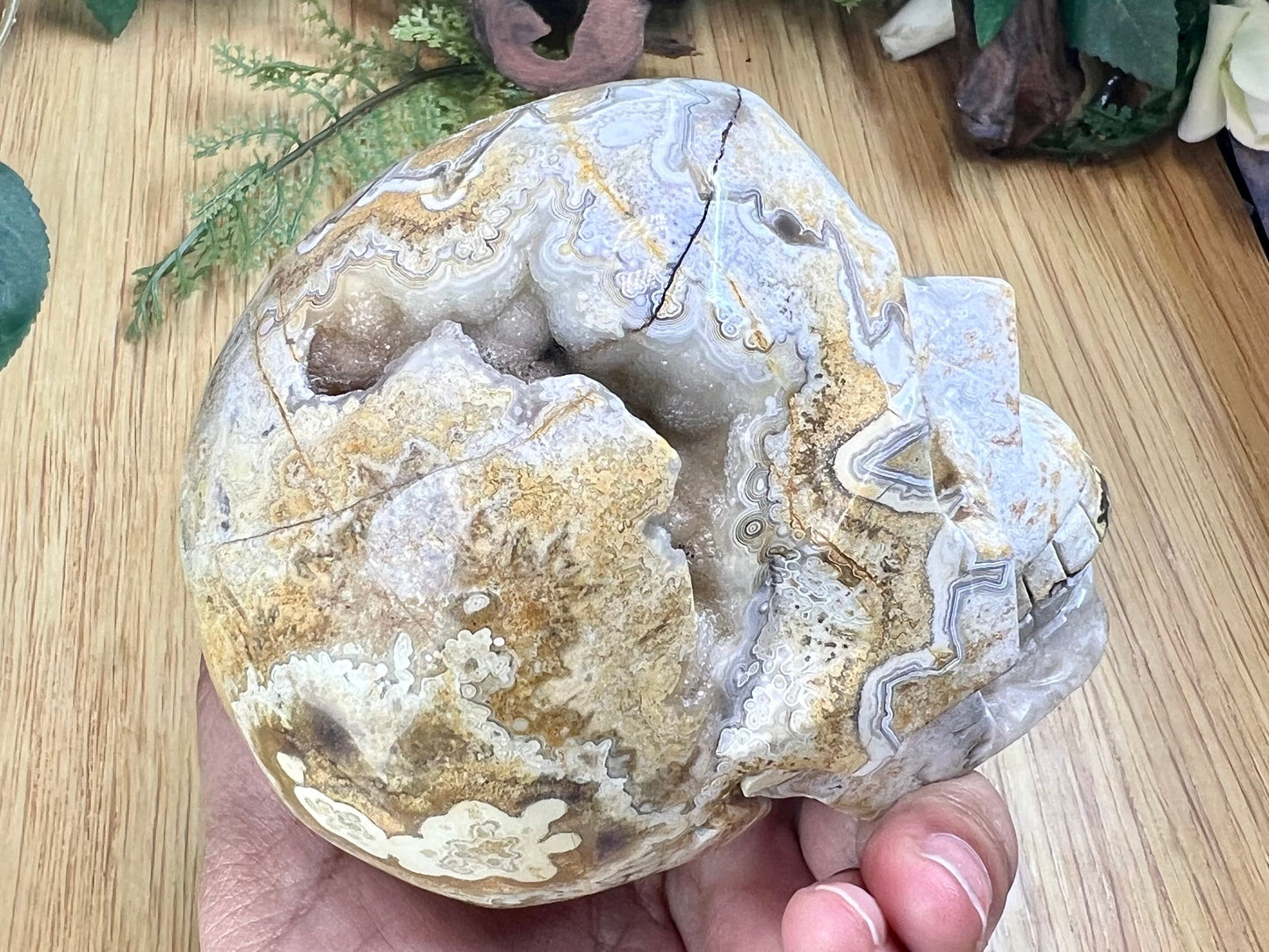 White Mexican Crazy Lace Agate Skull Crystal Skull Carving 974g
