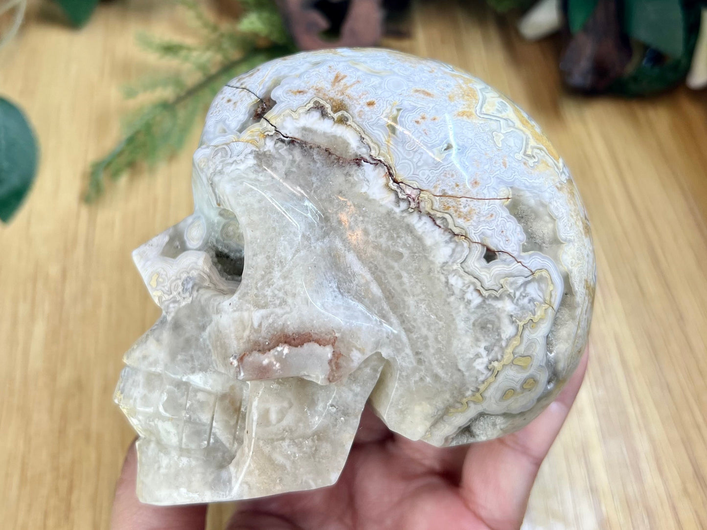 White Mexican Crazy Lace Agate Skull Crystal Skull Carving 974g