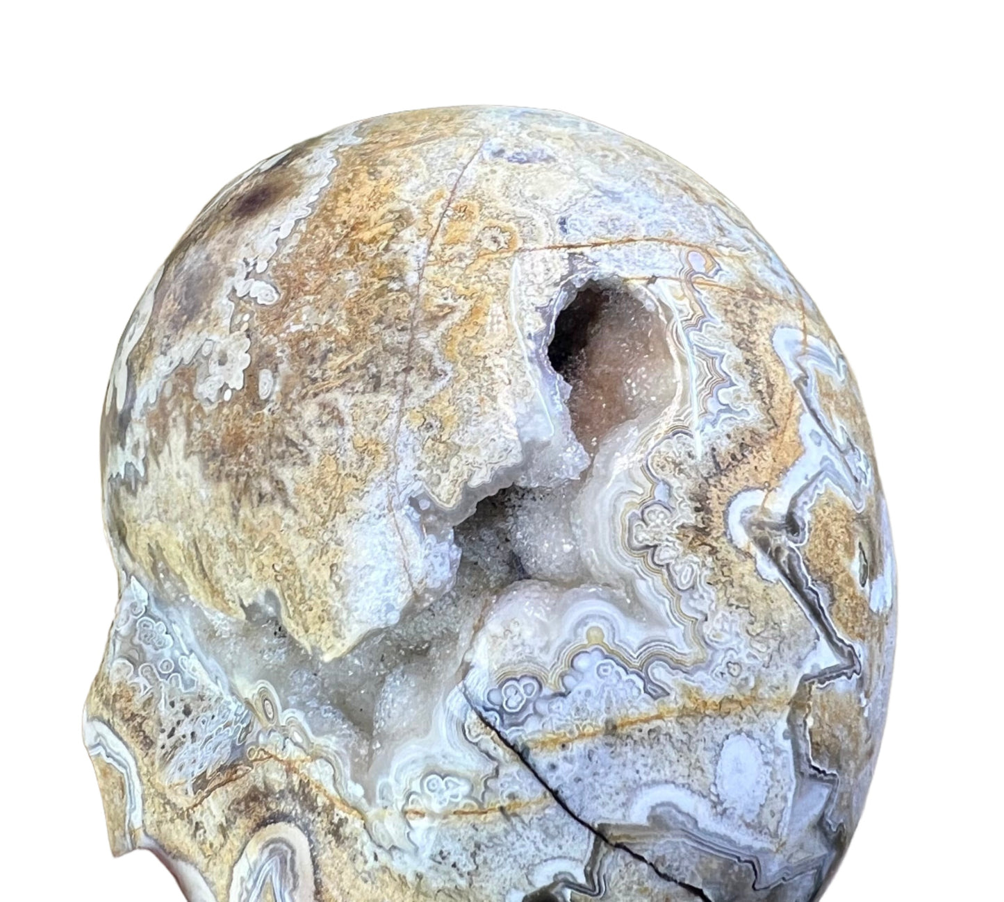 White Mexican Crazy Lace Agate Skull Crystal Skull Carving 974g