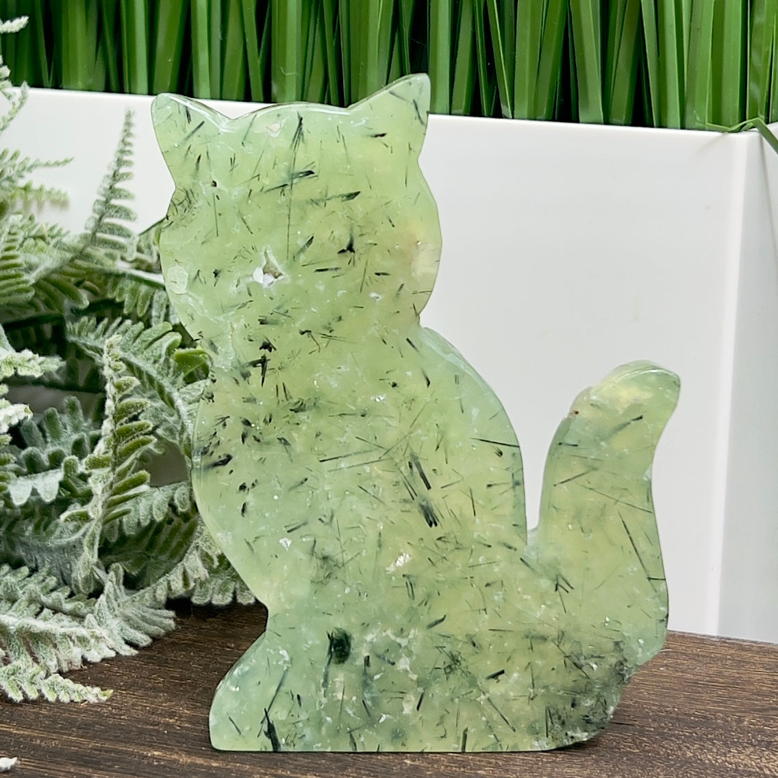 Prehnite with Epidote Kitty Cat Healing Crystal Animal Carving 160g