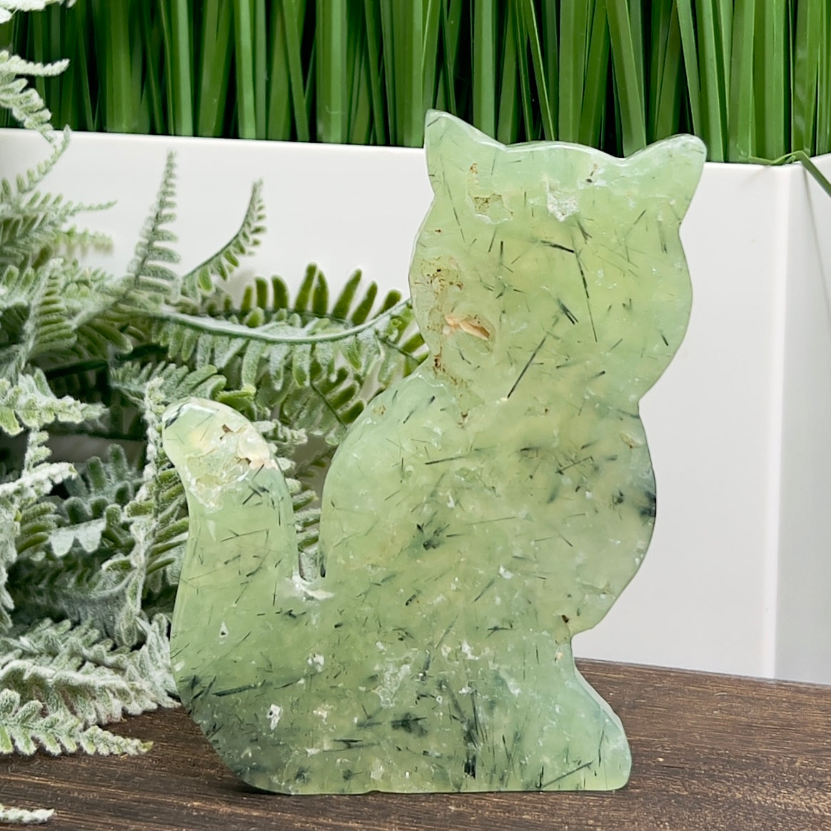 Prehnite with Epidote Kitty Cat Healing Crystal Animal Carving 160g