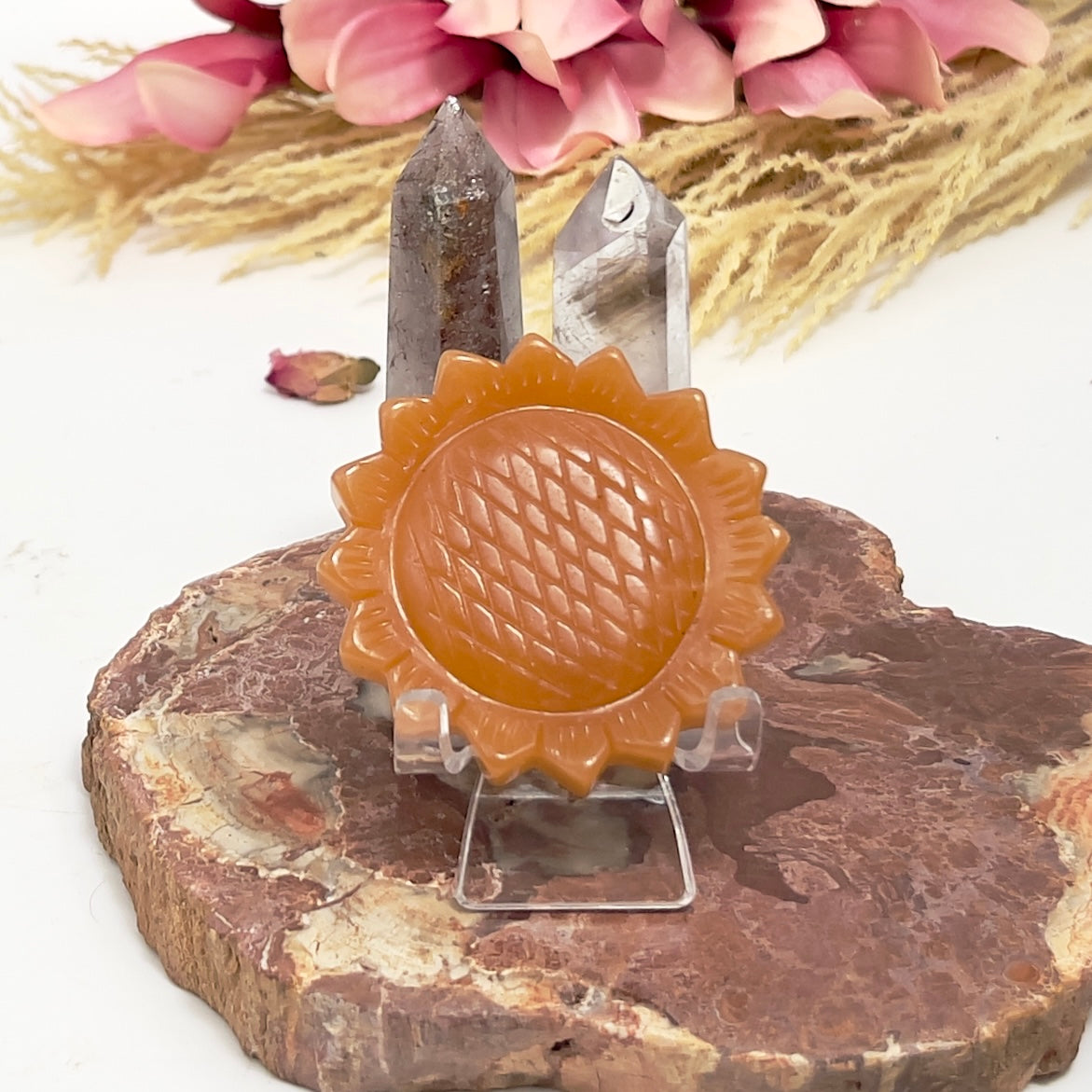 Orange Calcite Sunflower with Stand Healing Crystal Carving