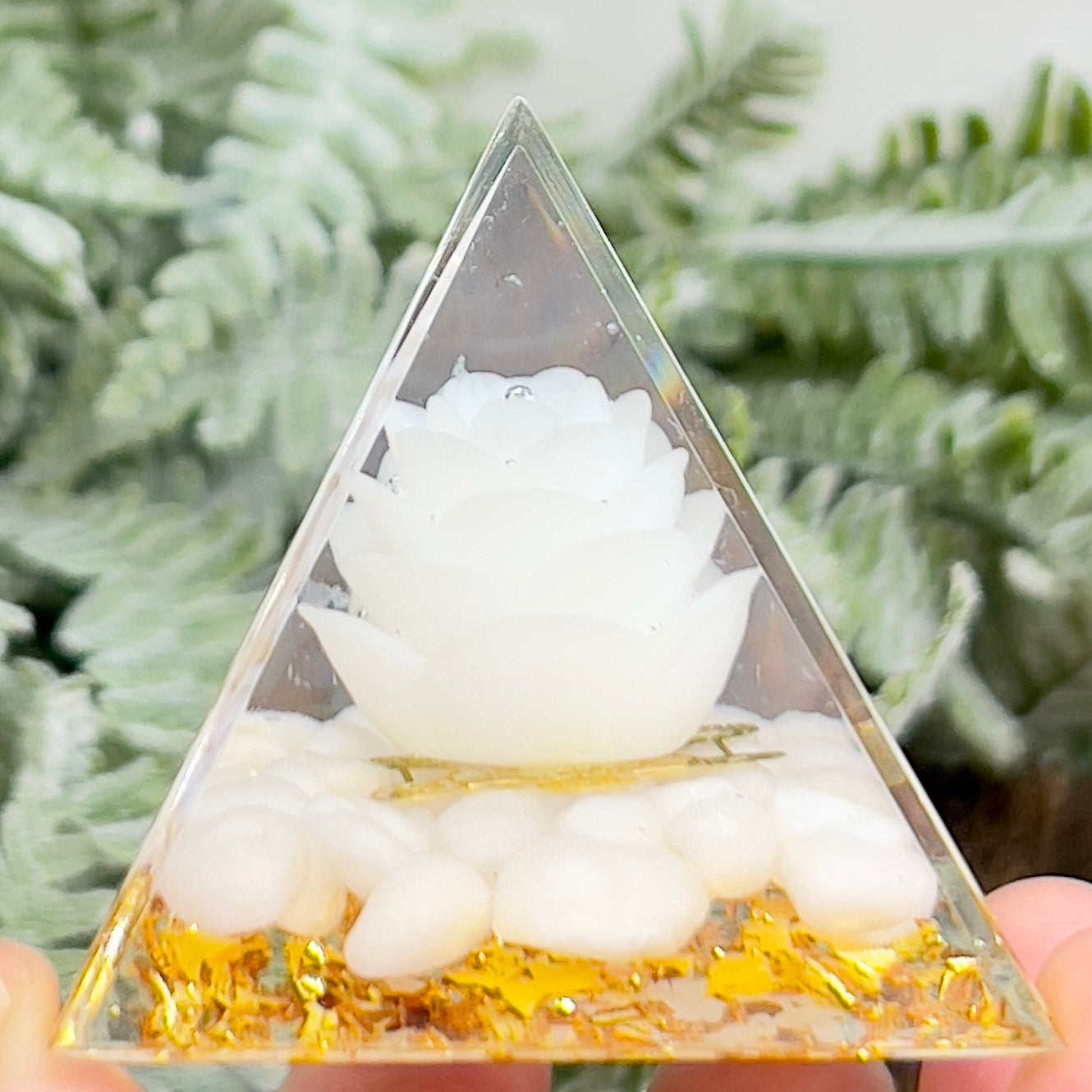 Selenite Lotus Flower Crystal Orgonite Pyramid Chakra Energy Gemstones
