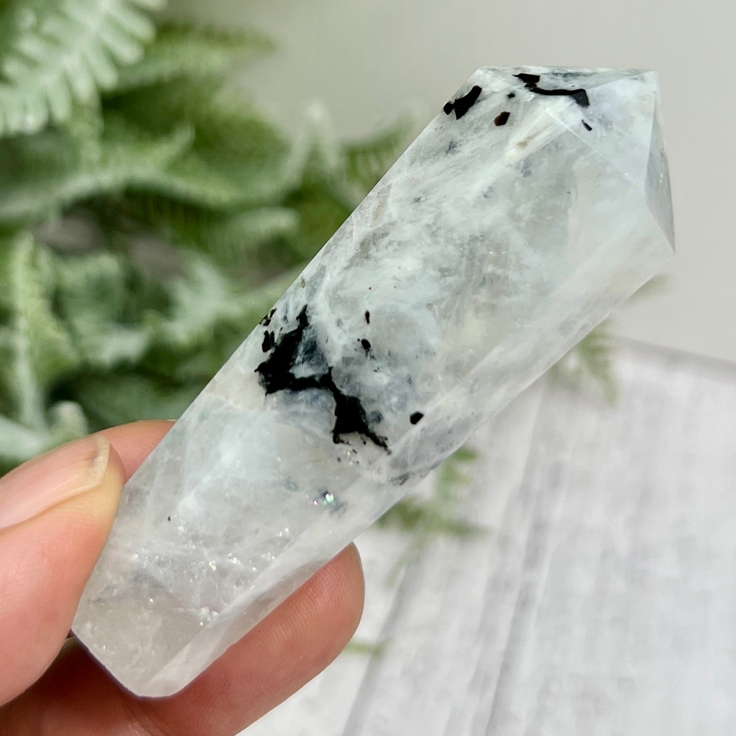 Rainbow Moonstone Black Tourmaline Wand with Stand Crystal Carving 58g 75mm