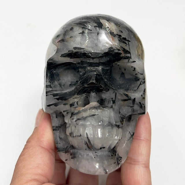 Black Tourmaline in Quartz Skull Hollow Jaw Healing Crystal Carving 715g