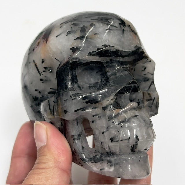 Black Tourmaline in Quartz Skull Hollow Jaw Healing Crystal Carving 715g