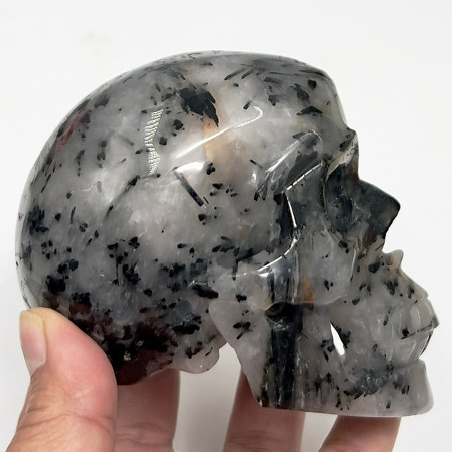 Black Tourmaline in Quartz Skull Hollow Jaw Healing Crystal Carving 715g