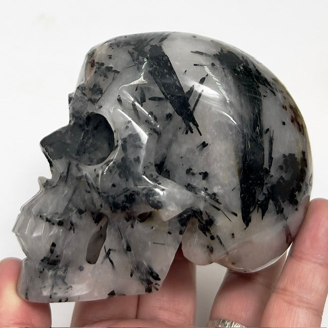 Black Tourmaline in Quartz Skull Hollow Jaw Healing Crystal Carving 715g
