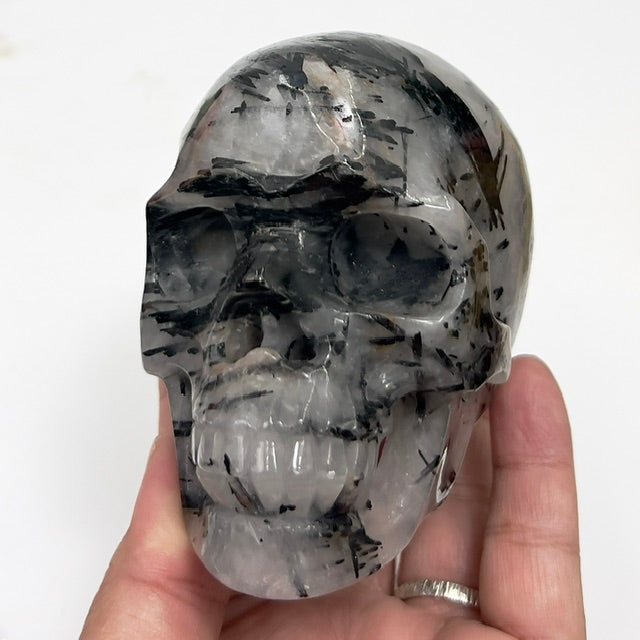 Black Tourmaline in Quartz Skull Hollow Jaw Healing Crystal Carving 715g