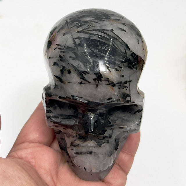 Black Tourmaline in Quartz Skull Hollow Jaw Healing Crystal Carving 715g