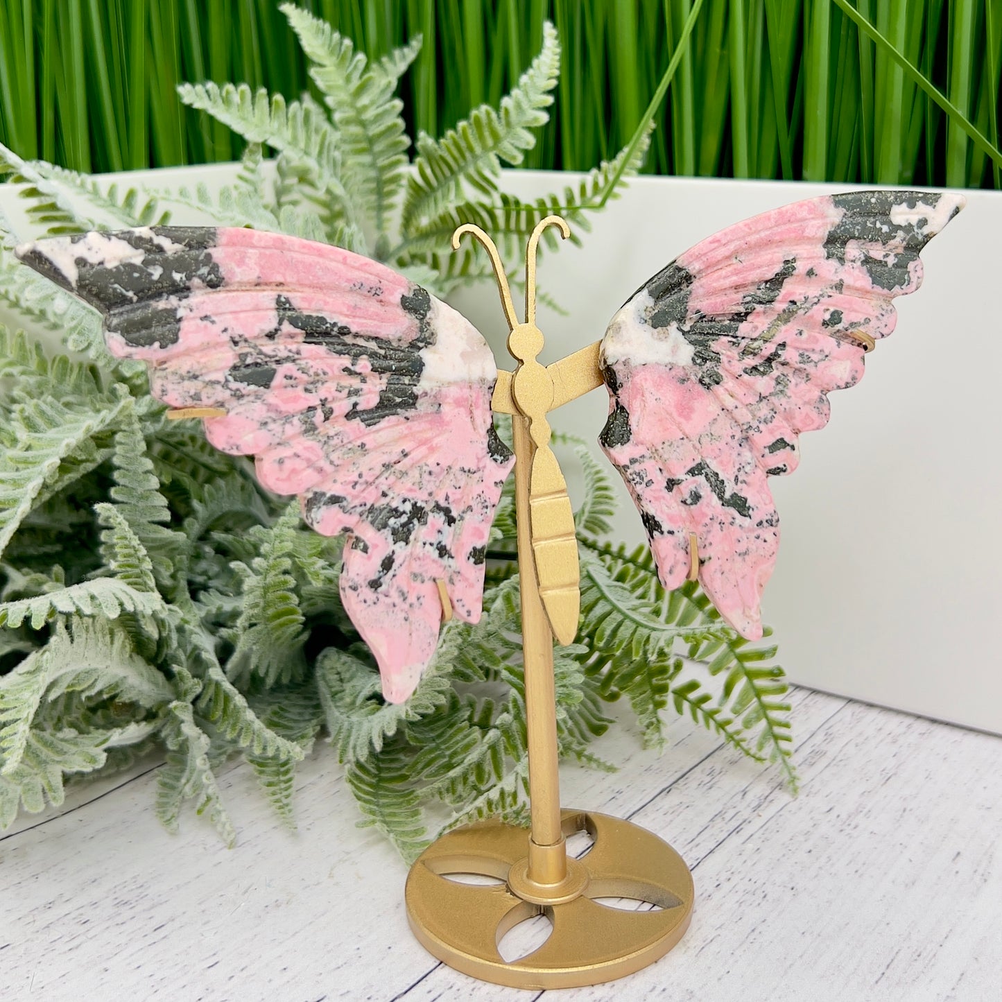 Peruvian Rhodonite Butterfly Wings with Stand Compassion Emotional Balance Crystal