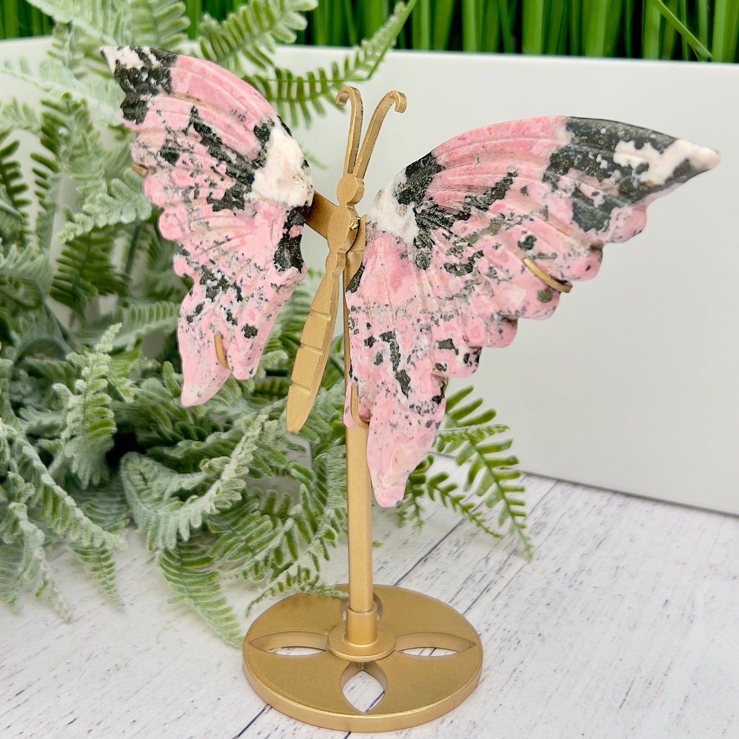 Peruvian Rhodonite Butterfly Wings with Stand Compassion Emotional Balance Crystal