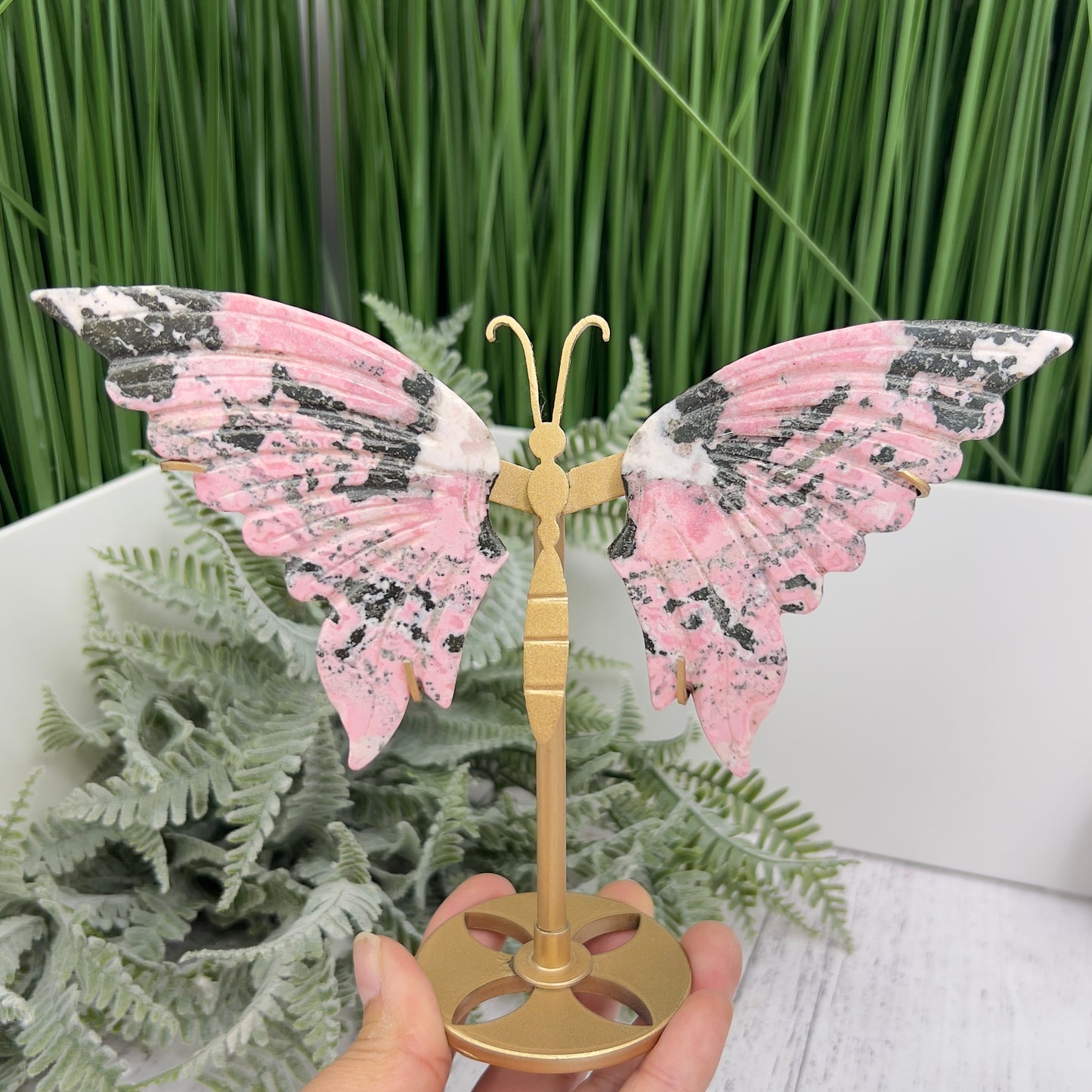 Peruvian Rhodonite Butterfly Wings with Stand Compassion Emotional Balance Crystal
