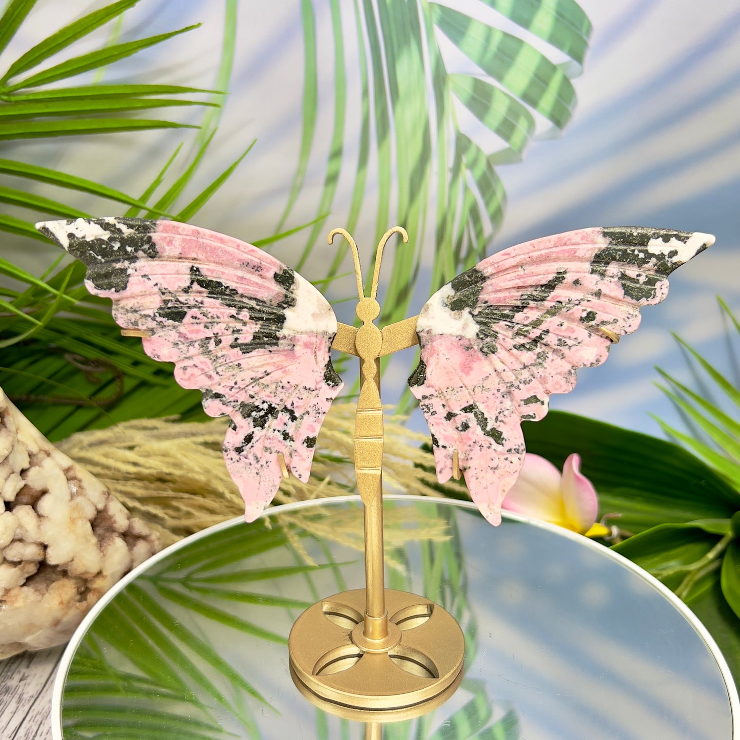 Peruvian Rhodonite Butterfly Wings with Stand Compassion Emotional Balance Crystal