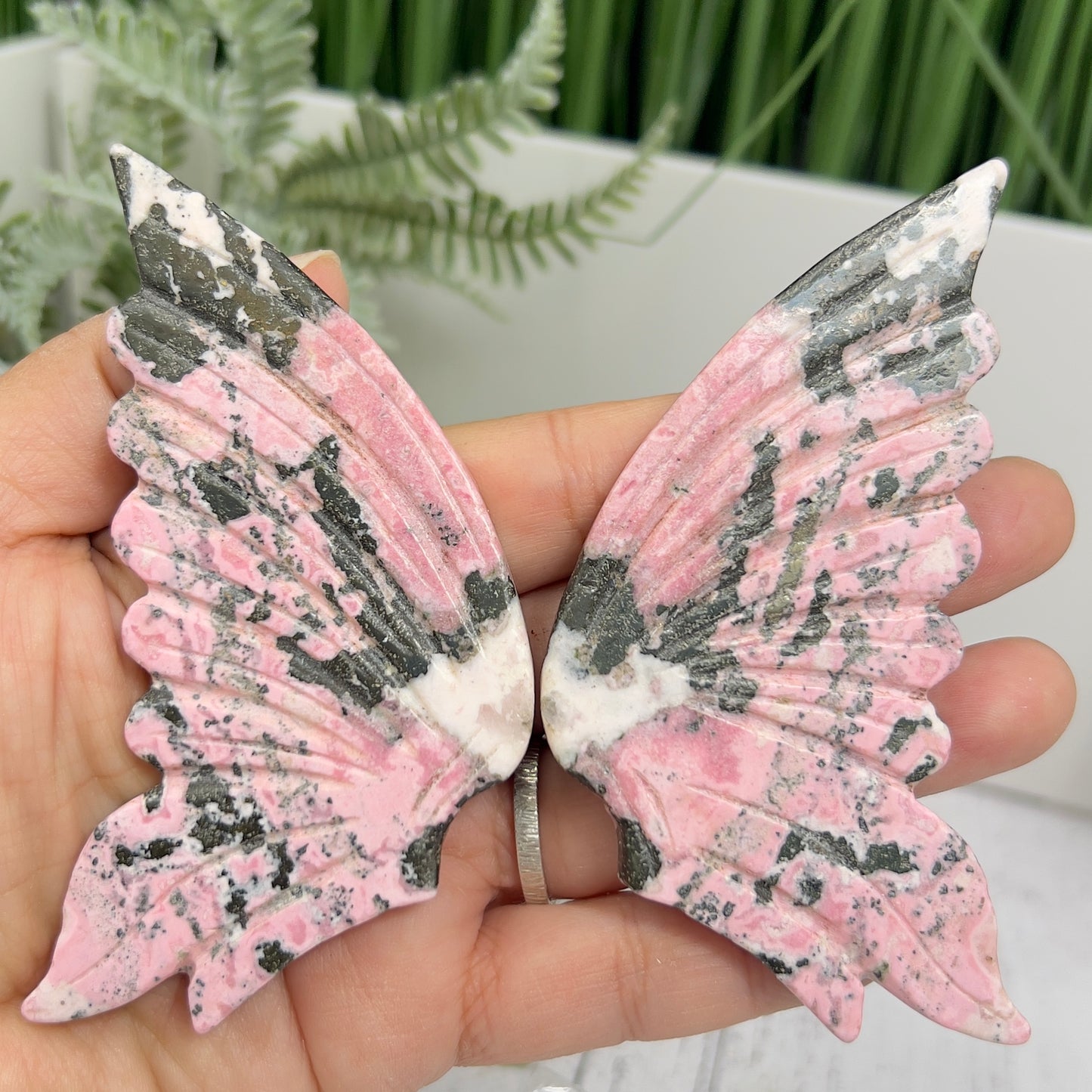 Peruvian Rhodonite Butterfly Wings with Stand Compassion Emotional Balance Crystal