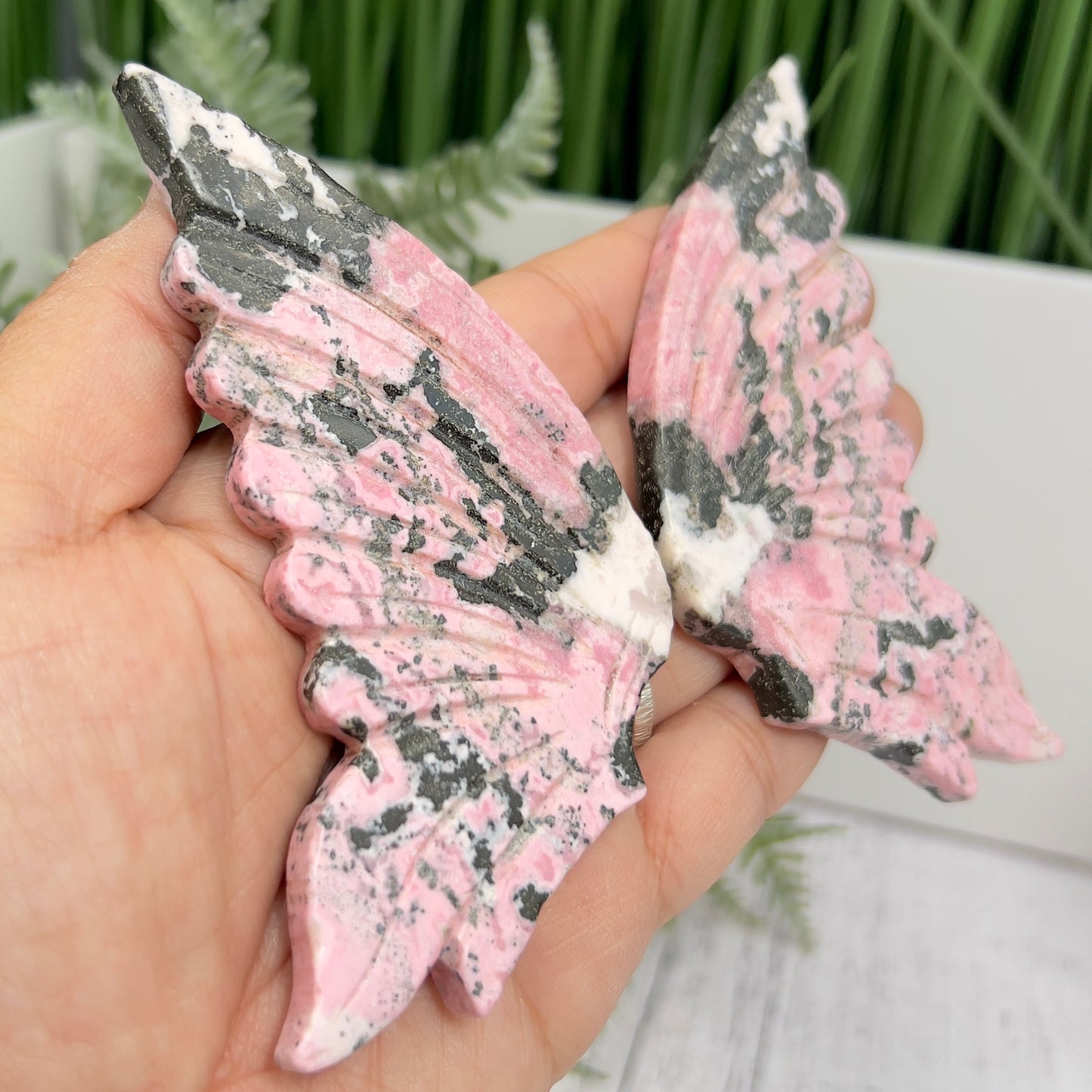 Peruvian Rhodonite Butterfly Wings with Stand Compassion Emotional Balance Crystal