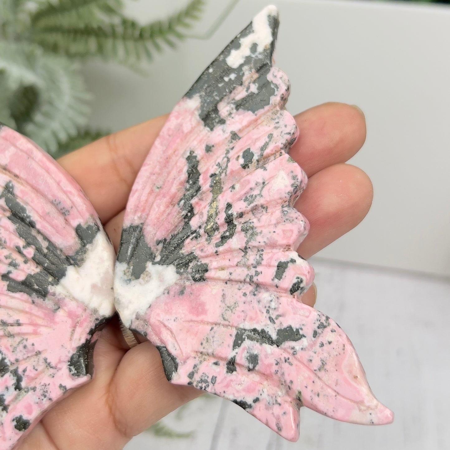 Peruvian Rhodonite Butterfly Wings with Stand Compassion Emotional Balance Crystal