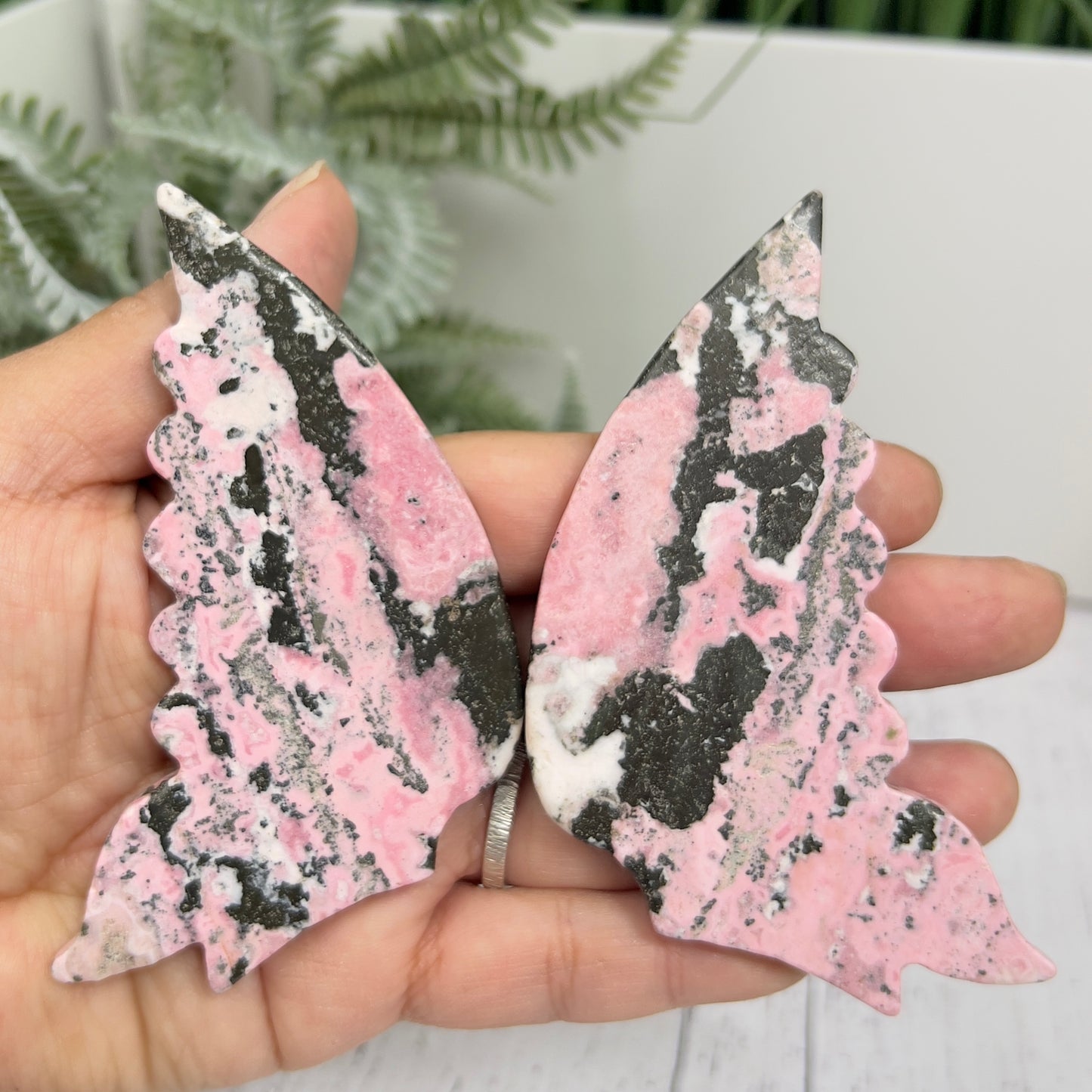 Peruvian Rhodonite Butterfly Wings with Stand Compassion Emotional Balance Crystal
