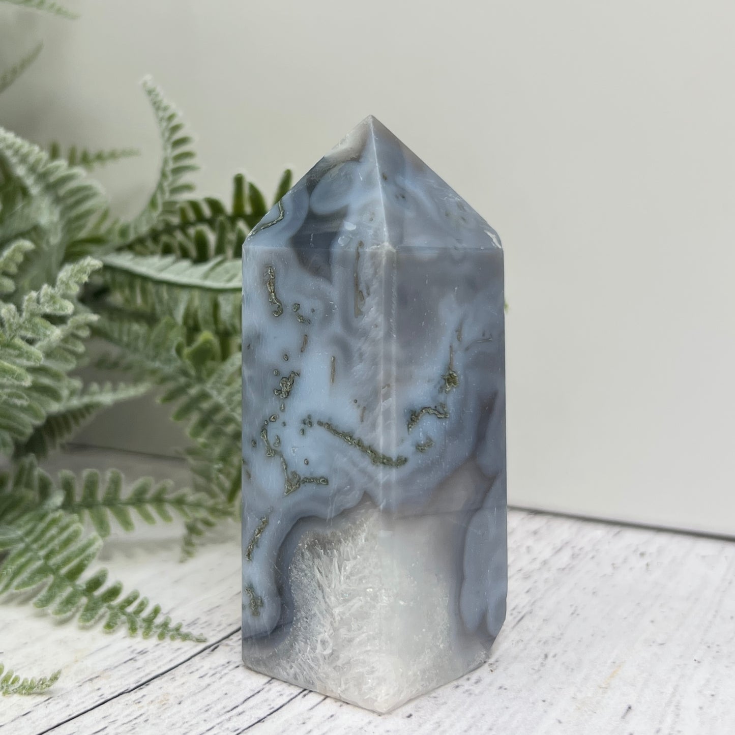 Moss Agate Tower with Blue Chalcedony Crystal Generator 186g