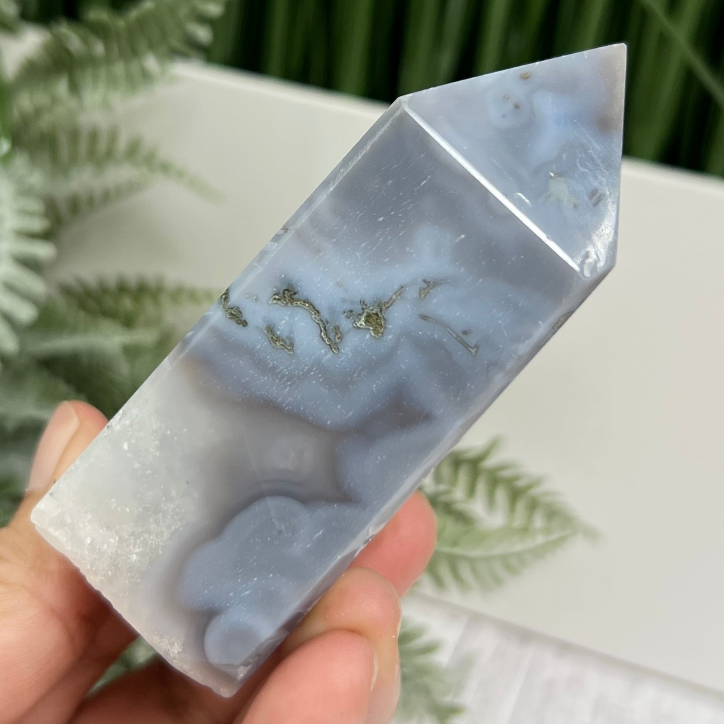 Moss Agate Tower with Blue Chalcedony Crystal Generator 186g