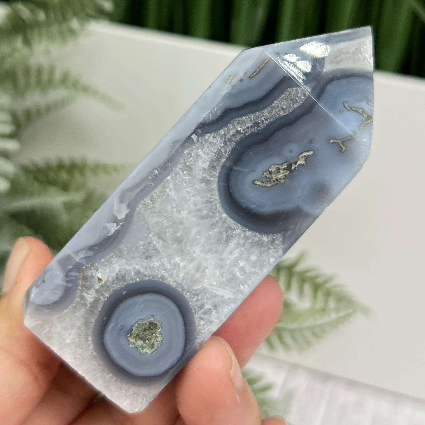 Moss Agate Tower with Blue Chalcedony Crystal Generator 186g