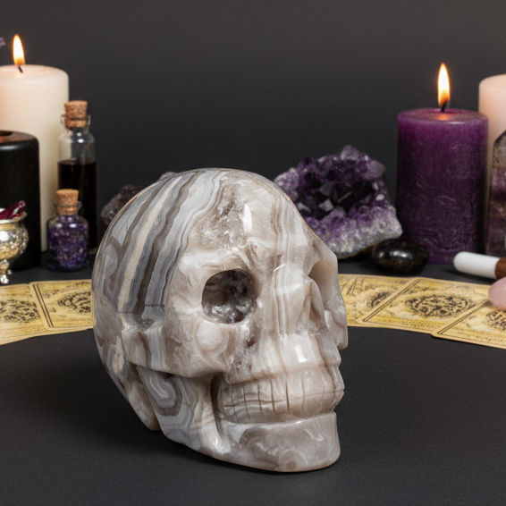 White Crazy Lace Agate Skull Healing Crystal Carving 811g