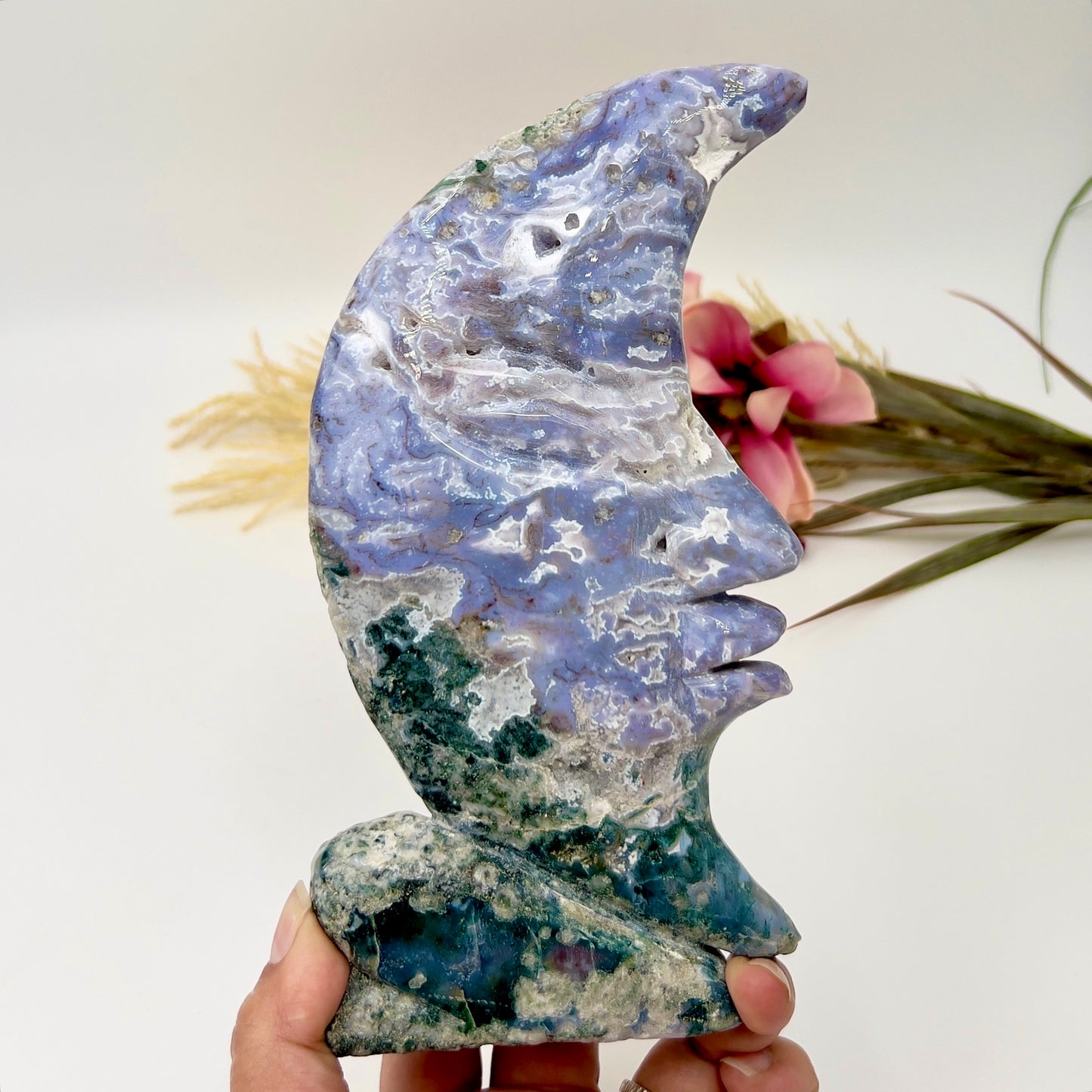 Moss Agate Moon Purple Chalcedony Rare Druzy Crystal Carving 844g 205mm