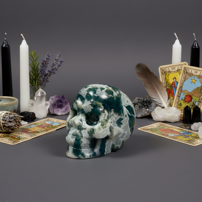 Moss Agate Skull Healing Crystal Carving 707g
