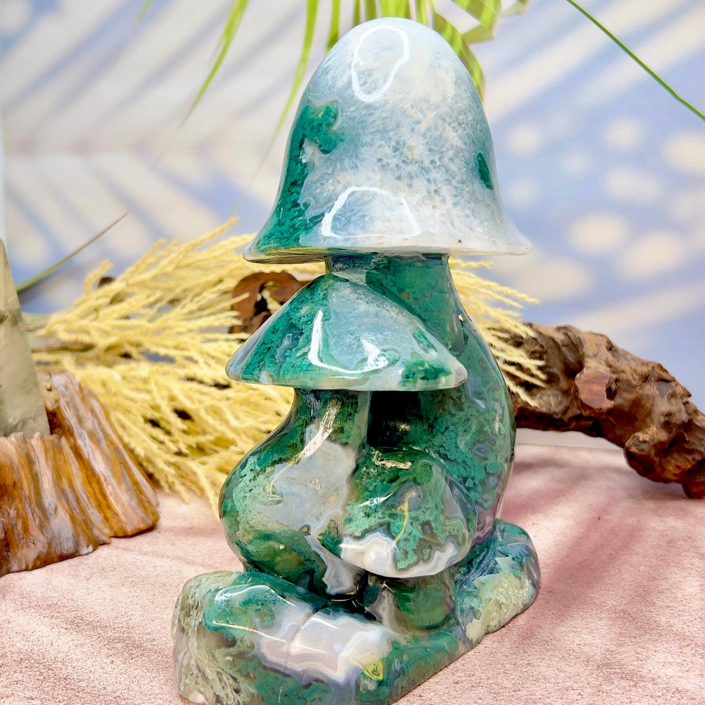 Moss Agate Mushroom Cluster Large Crystal Carving 2190g