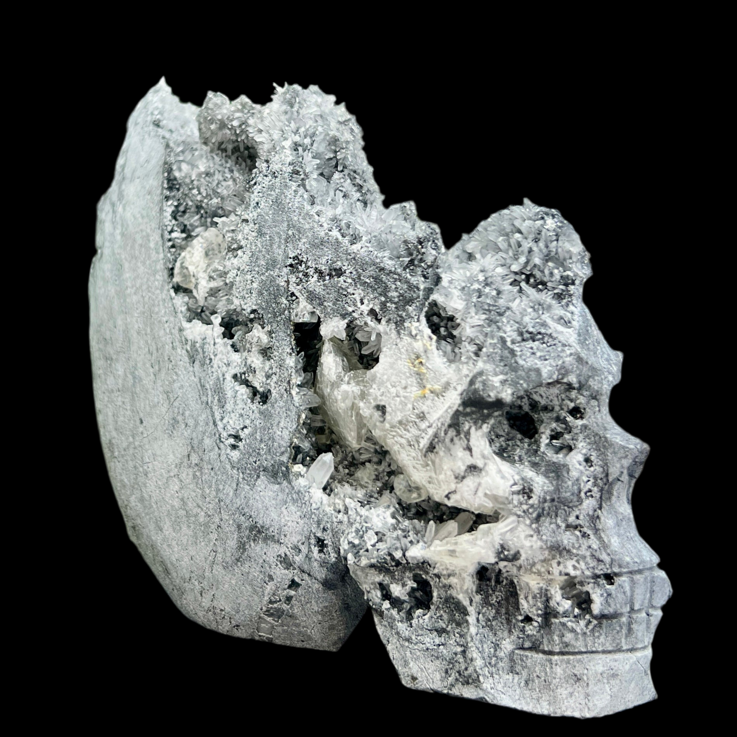 Black Quartz Calcite Skull UV Reactive Large Druzy Crystal 640g