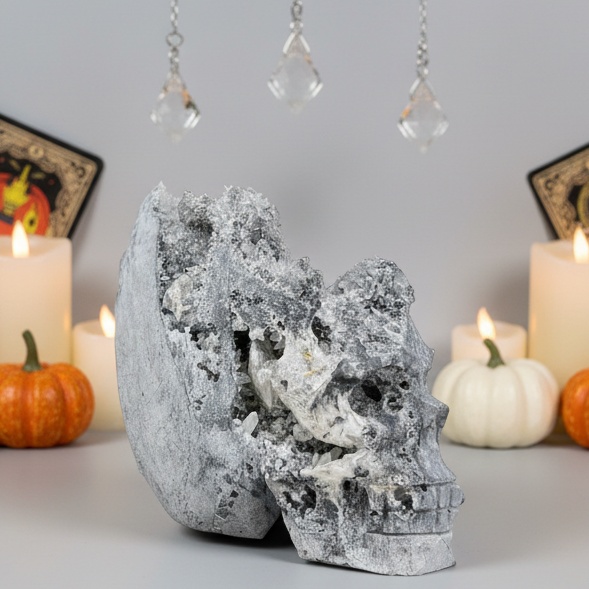 Black Quartz Calcite Skull UV Reactive Large Druzy Crystal 640g
