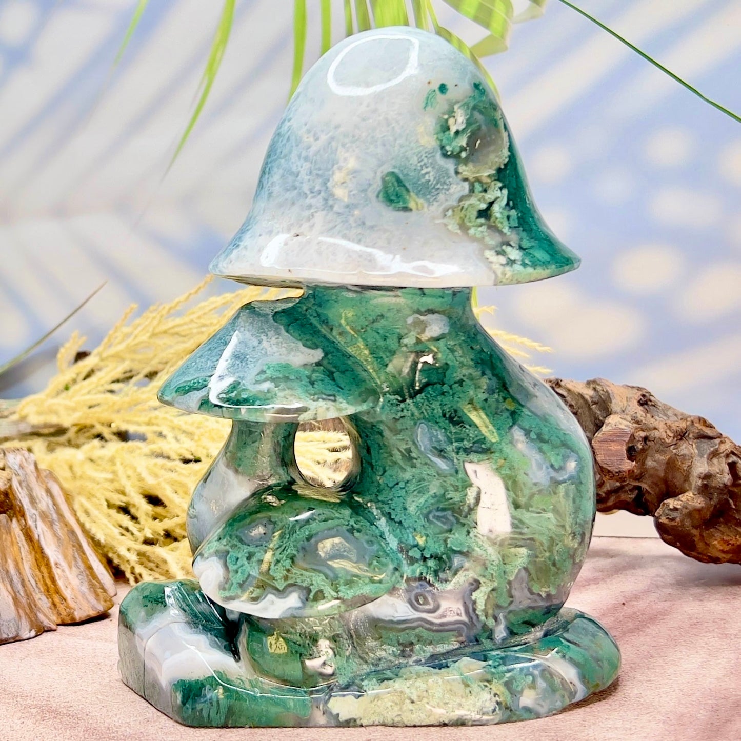 Moss Agate Mushroom Cluster Large Crystal Carving 2190g
