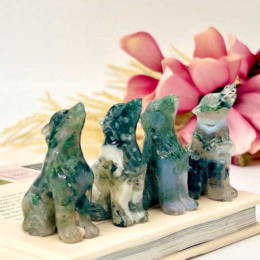 Small Moss Agate Wolves Dogs Crystal Carvings YOU CHOOSE