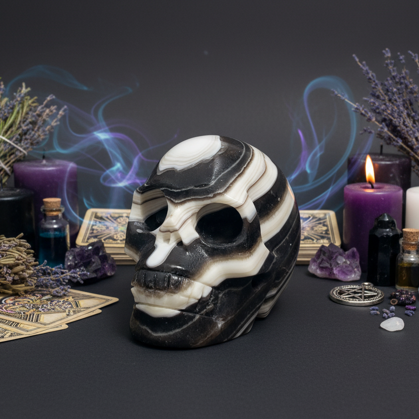 Zebra Phantom Calcite Skull Healing Crystal Carving 466g