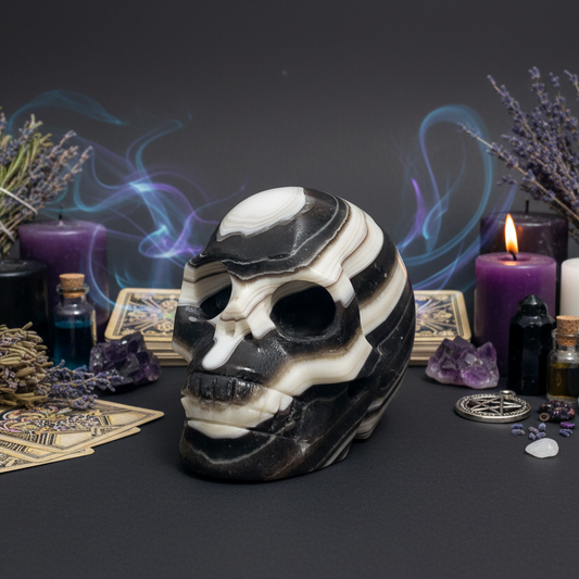 Zebra Phantom Calcite Skull Healing Crystal Carving 466g