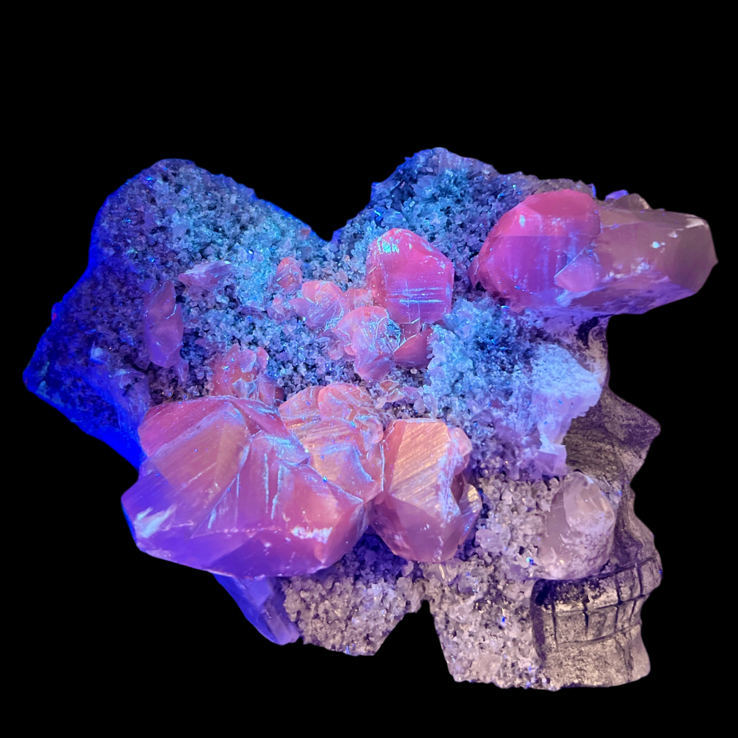 Black Quartz Calcite Skull UV Reactive Large Druzy Crystal 1014g