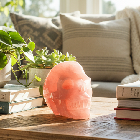 Rose Quartz Skull Healing Crystal Carving 780g